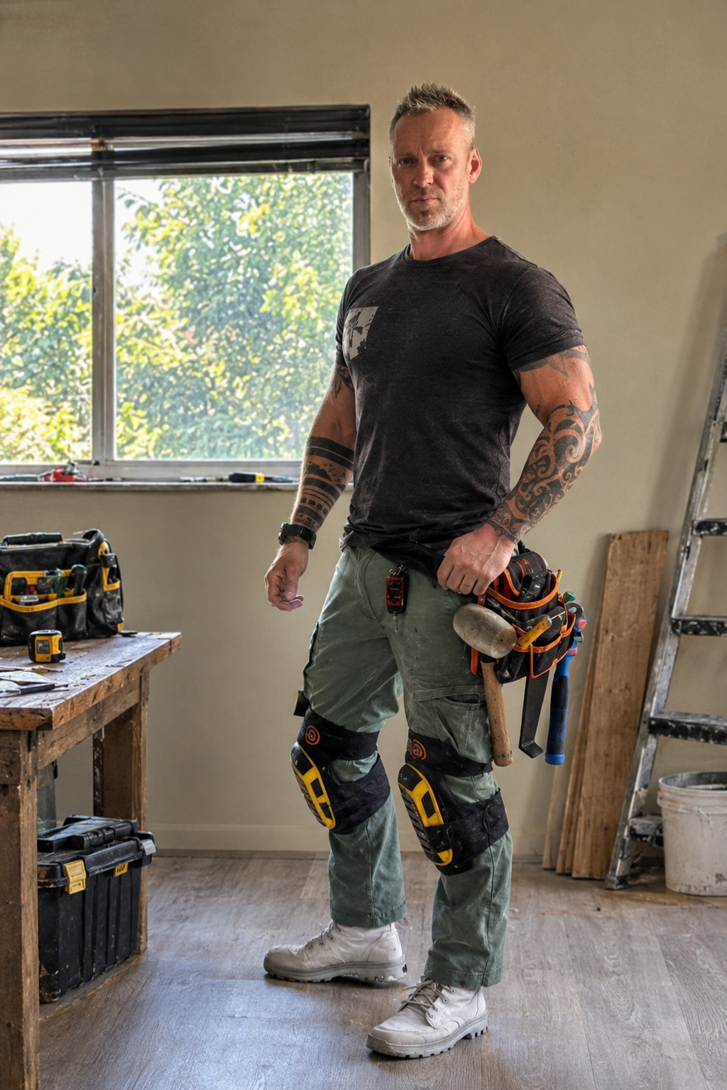 Kris, owner of Opa Solutions LLC, with tool belt on a job site